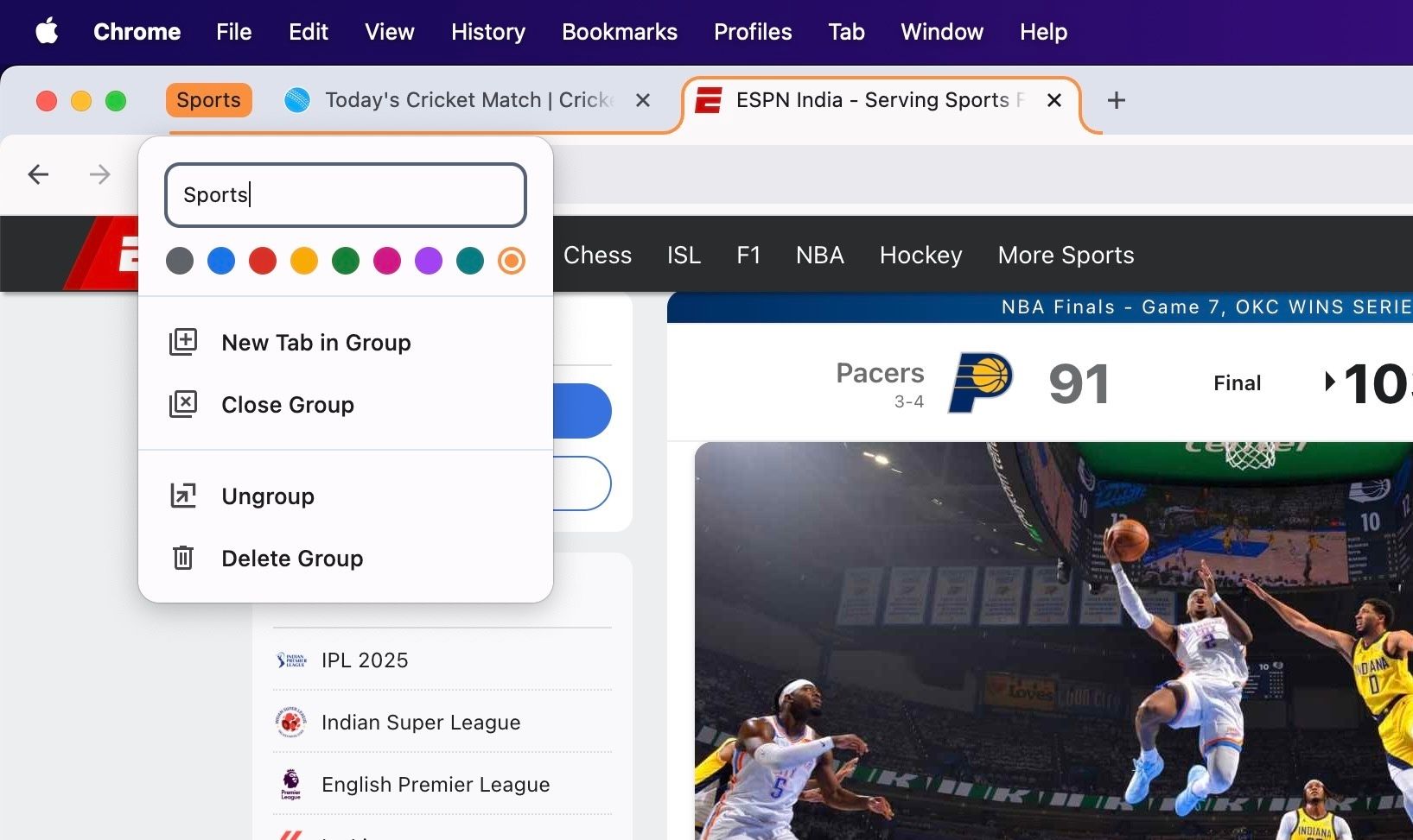 Options available to manage a Chrome Tab Group on a Mac.