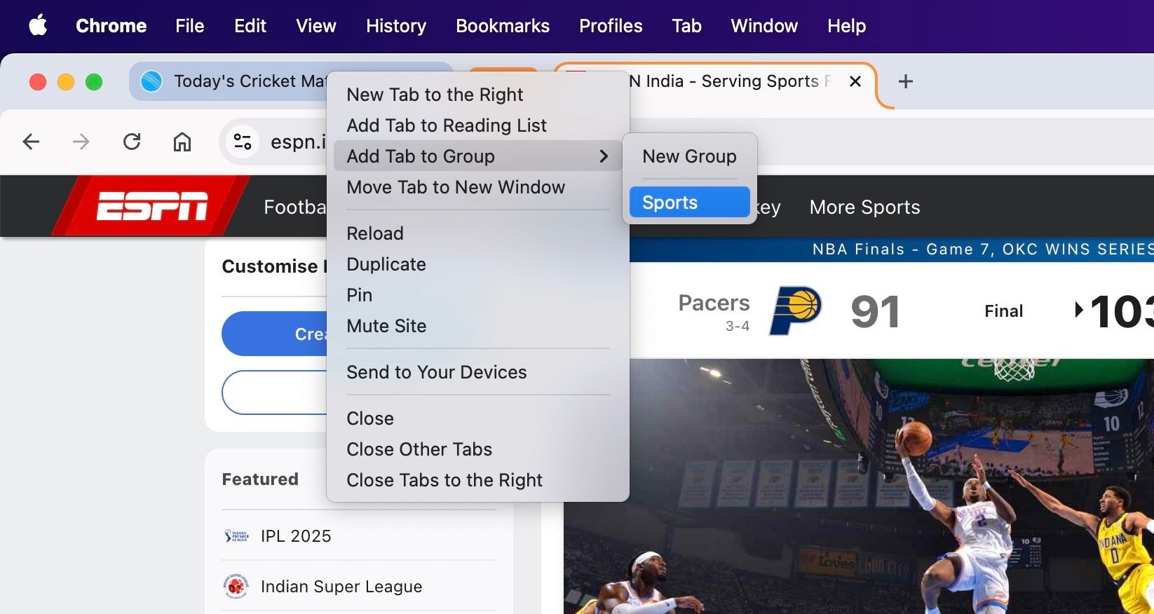 Adding a second tab to a Tab Group in Chrome on a Mac.