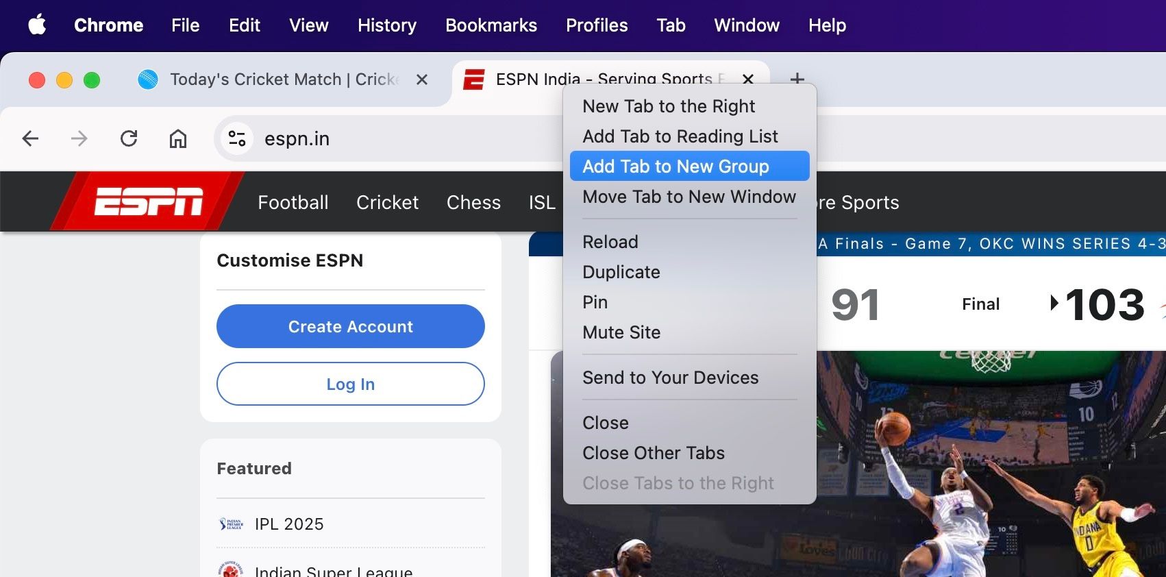 Add Tab to a New Group option in Chrome to create a new Tab Group on a Mac.
