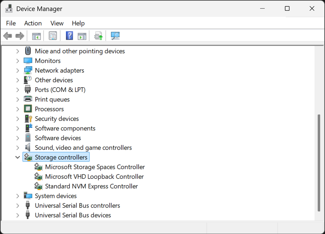 Storage controllers highlighted in Windows device manager.
