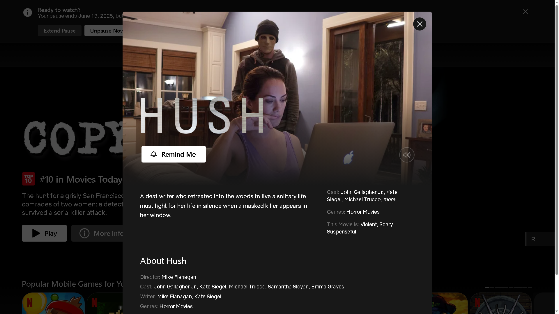 صفحه اطلاعات Hush در Netflix