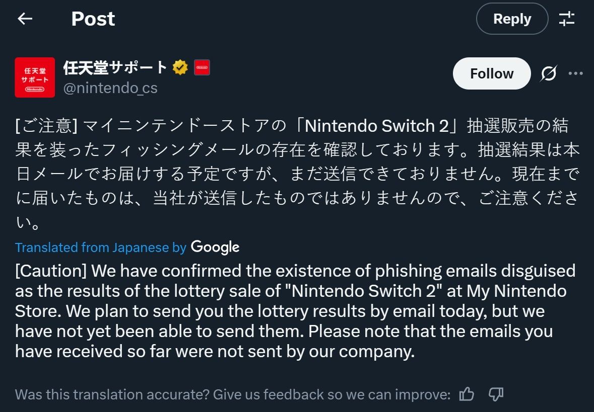 translated nintendo switch 2 scam post on x.