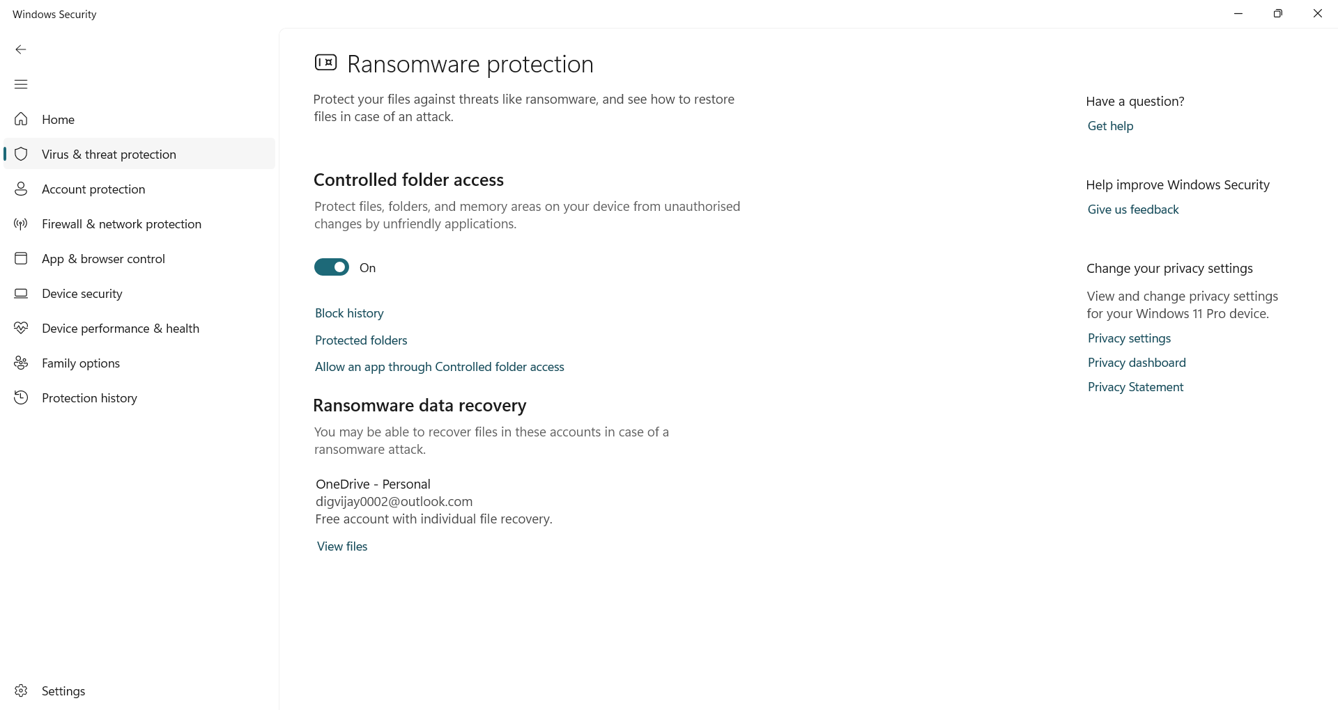 Turning on Controlled Folder Access
