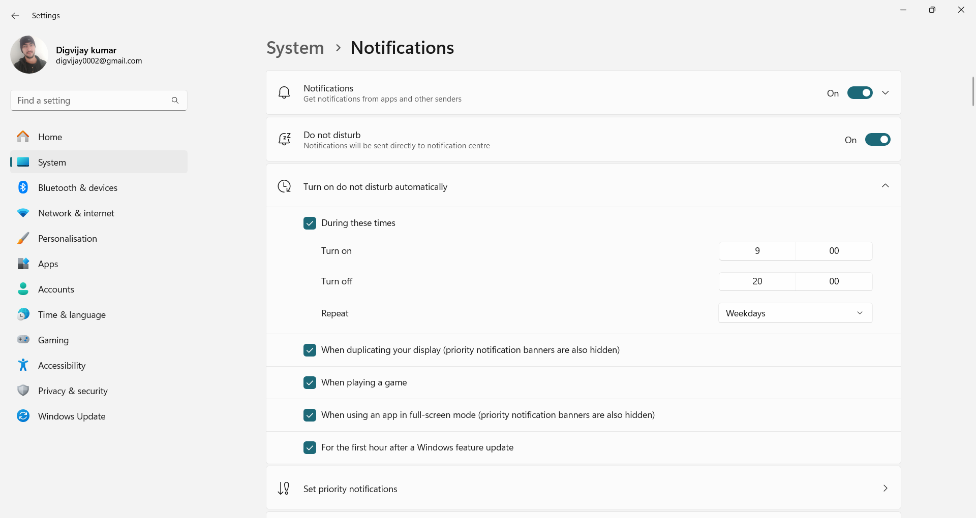 Turning on do not disturb automatically in Settings menu