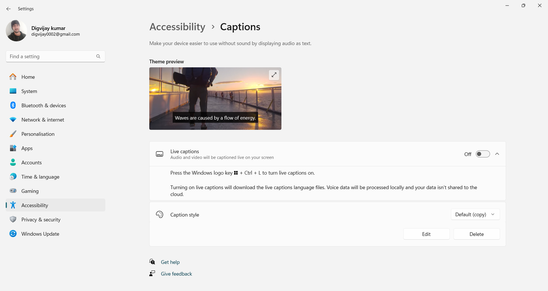 Turning on Live Captions in Settings menu