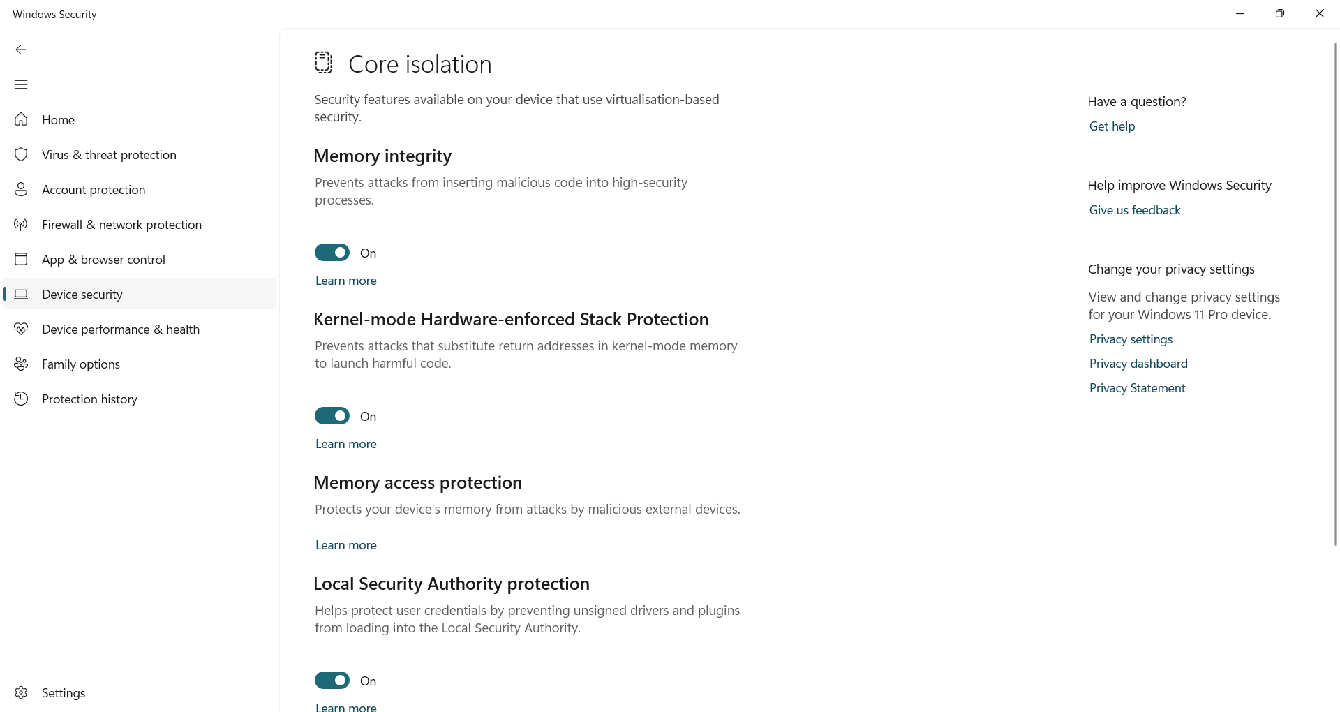 Turning on Memory integrity in Windows Security