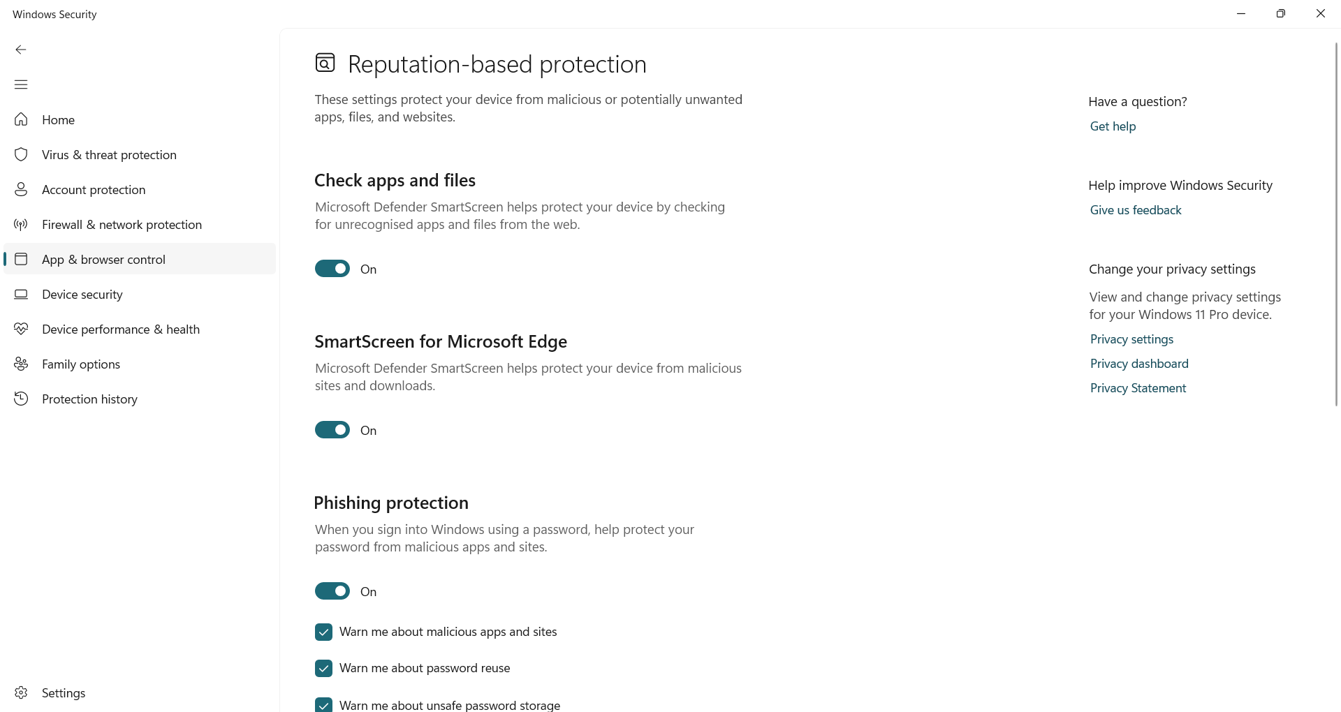 Tweaking Reputation-based protection settings in Windows Security