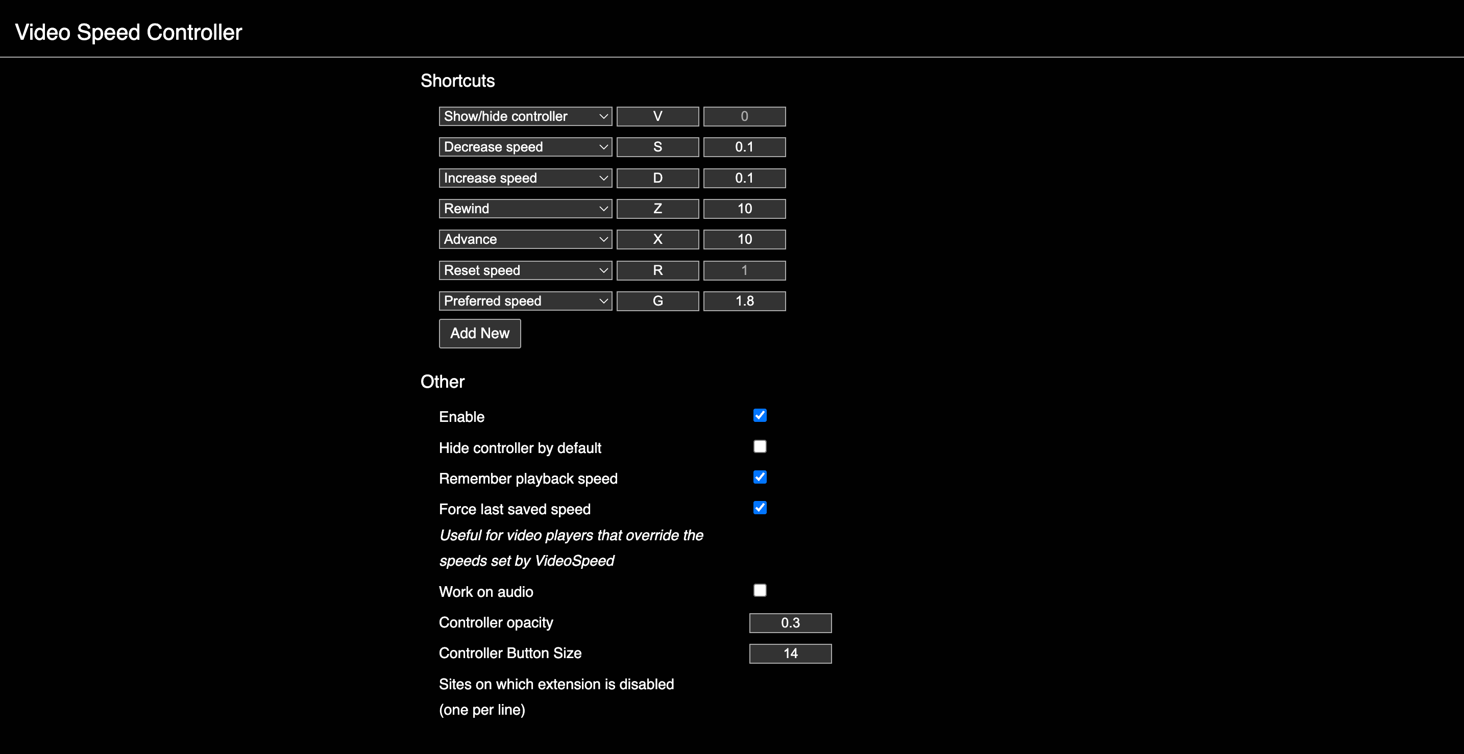 Video Speed Controller settings options