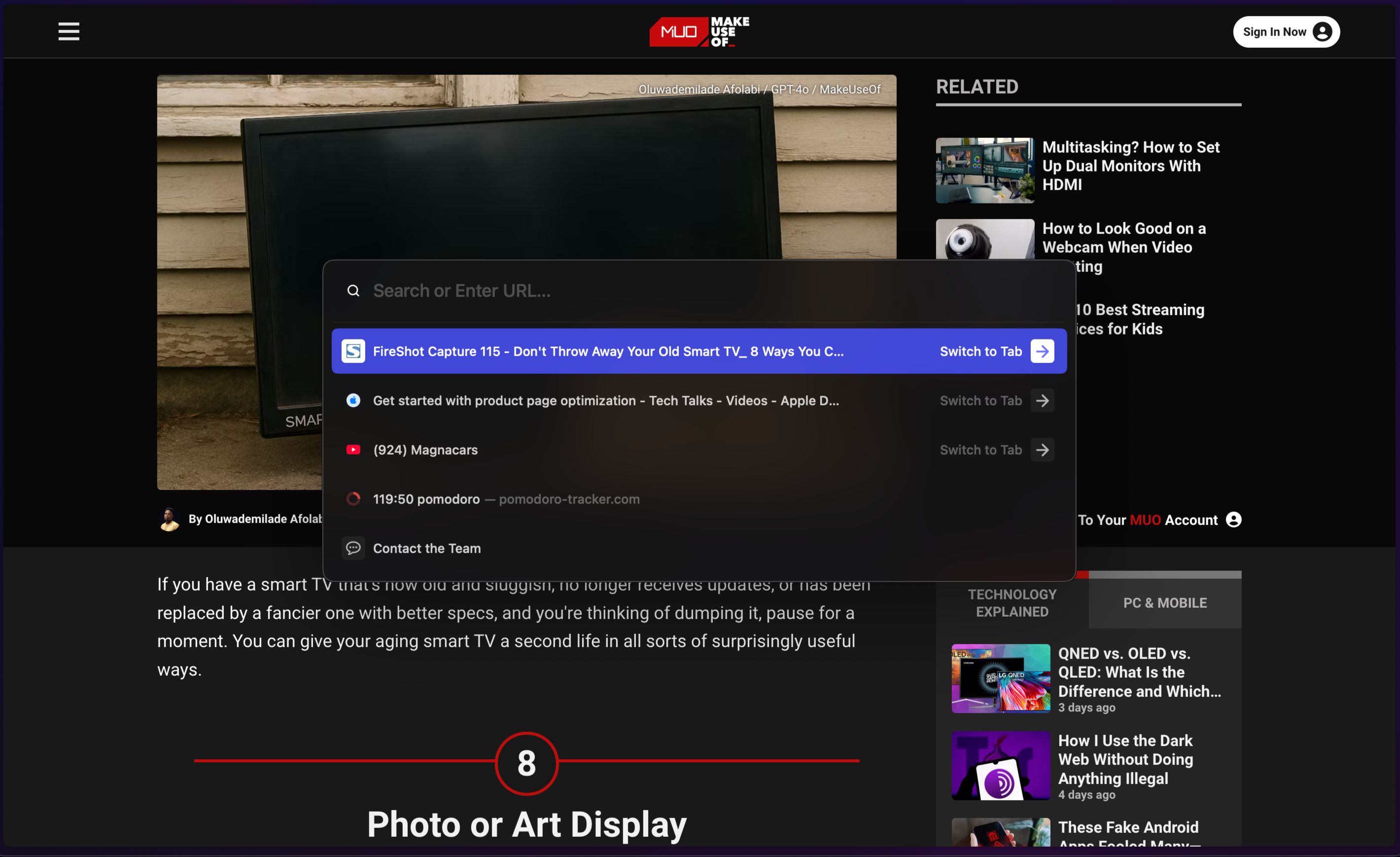 Viewing an article in Arc browser with the Command Bar opened