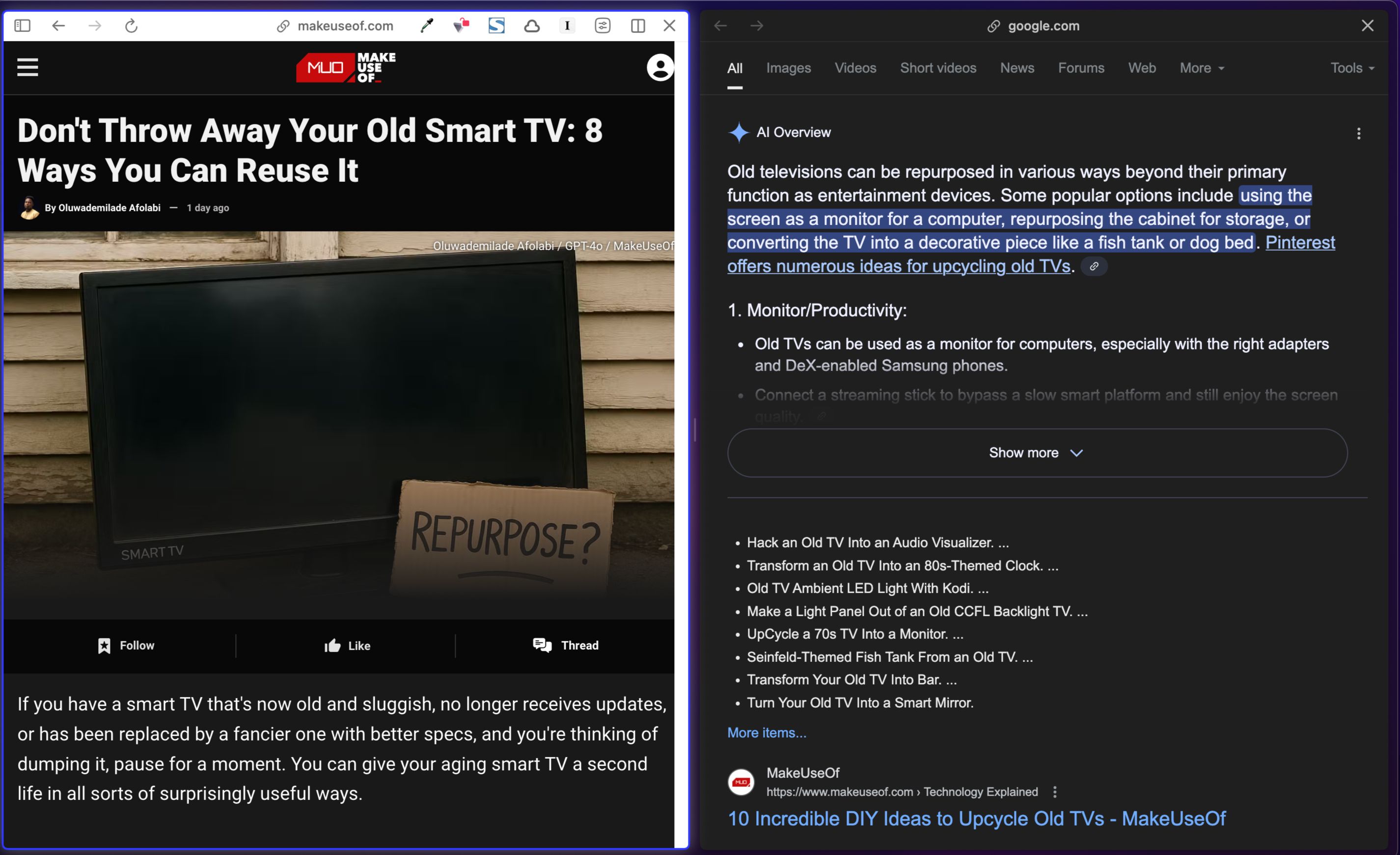 Viewing two tabs side by side in Arc browser