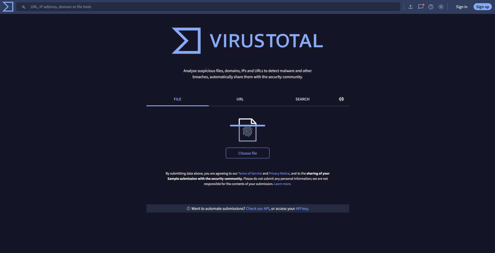 Home page of Virustotal website. 