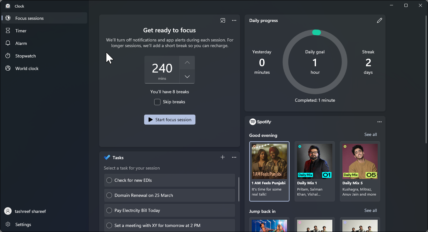 Windows 11 focus session home screen
