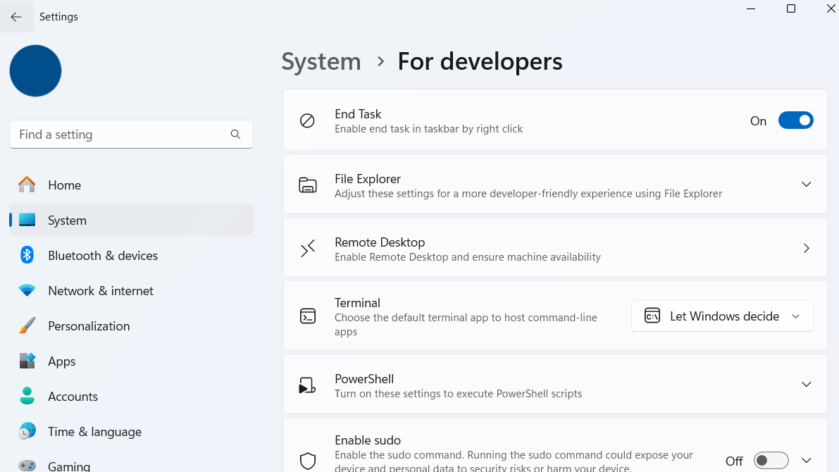 Windows 11 Settings app showing developers menu