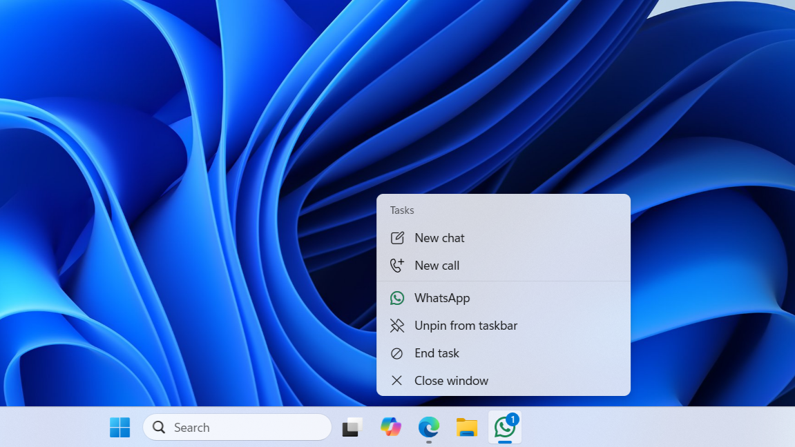 Windows 11 TaskBar گزینه پایان کار برای WhatsApp را نشان می دهد