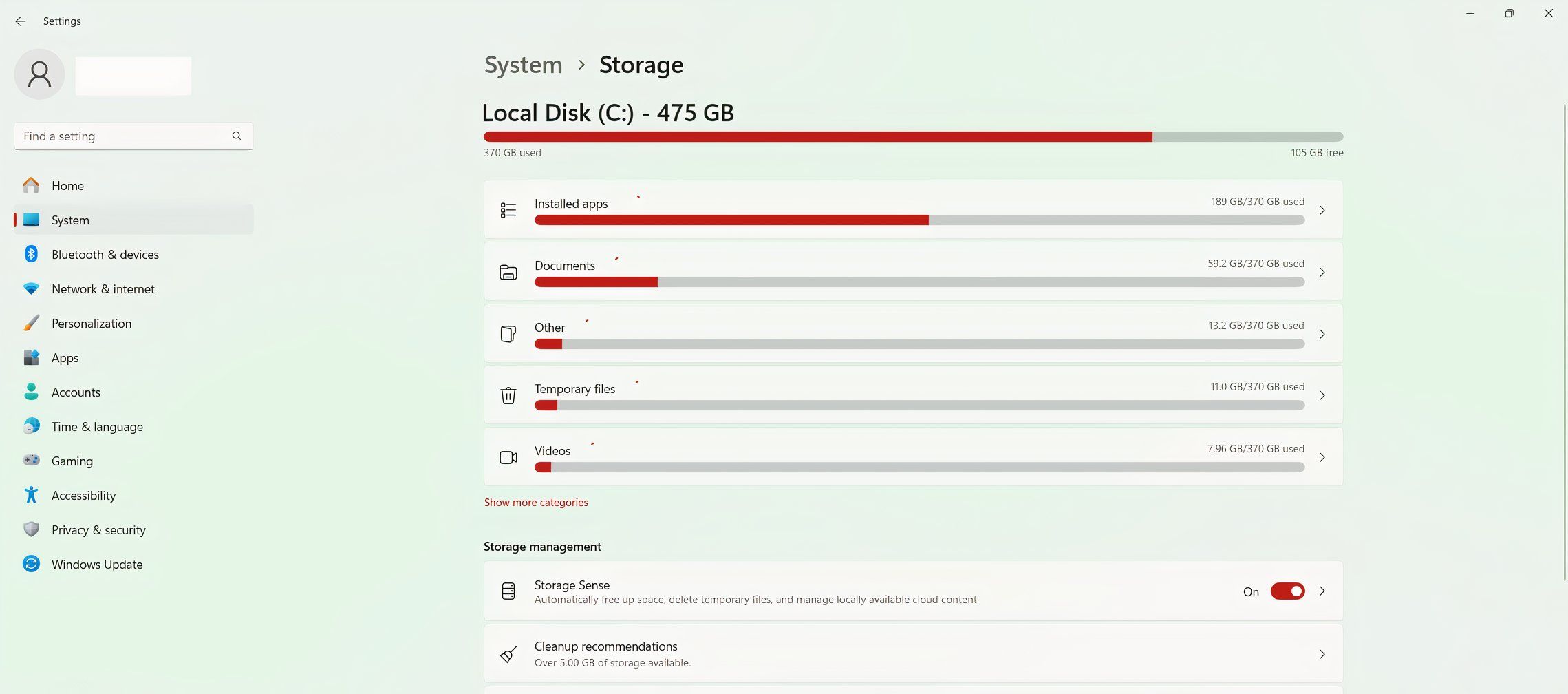 Almacenamiento de la unidad de Windows que muestra una unidad casi completa