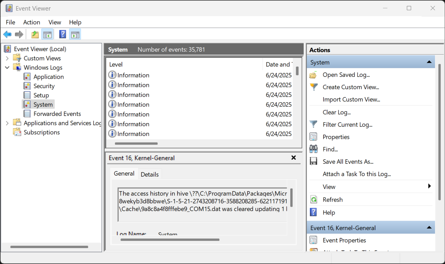 The Windows event is showing the smart characteristics of the drive in the Viaver Windows System log.