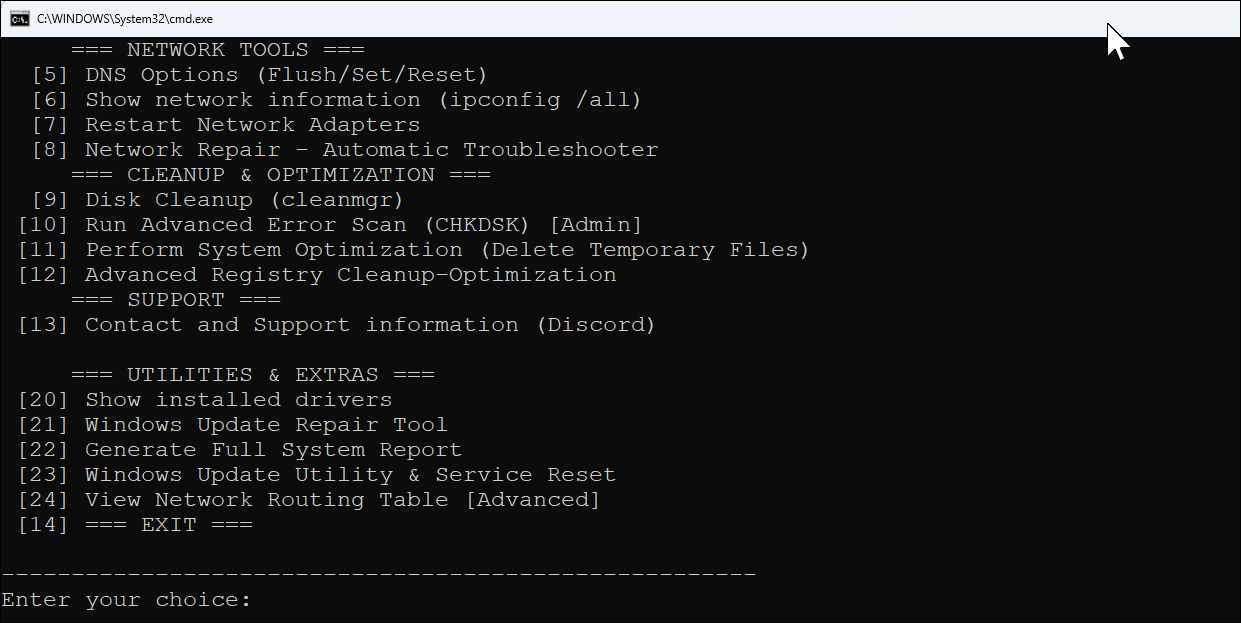 Windows Maintenance Tool menu