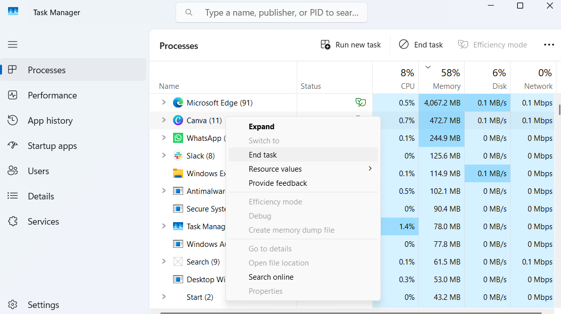 Windows Task Manager showing End task option for Canva app