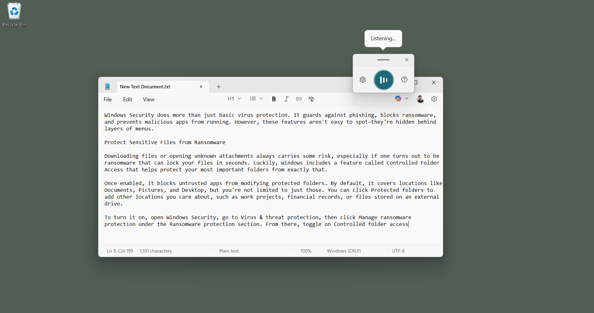 Writing a document pops up with voice typing