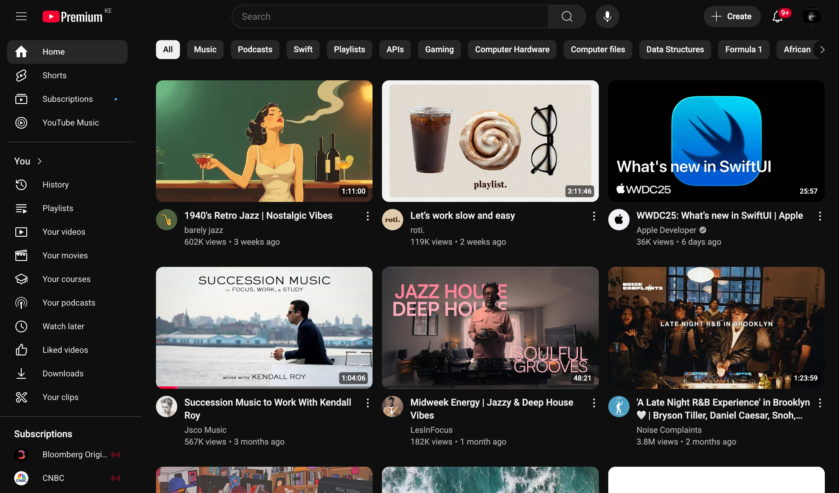 YouTube home feed after playing a single Jazz compilation