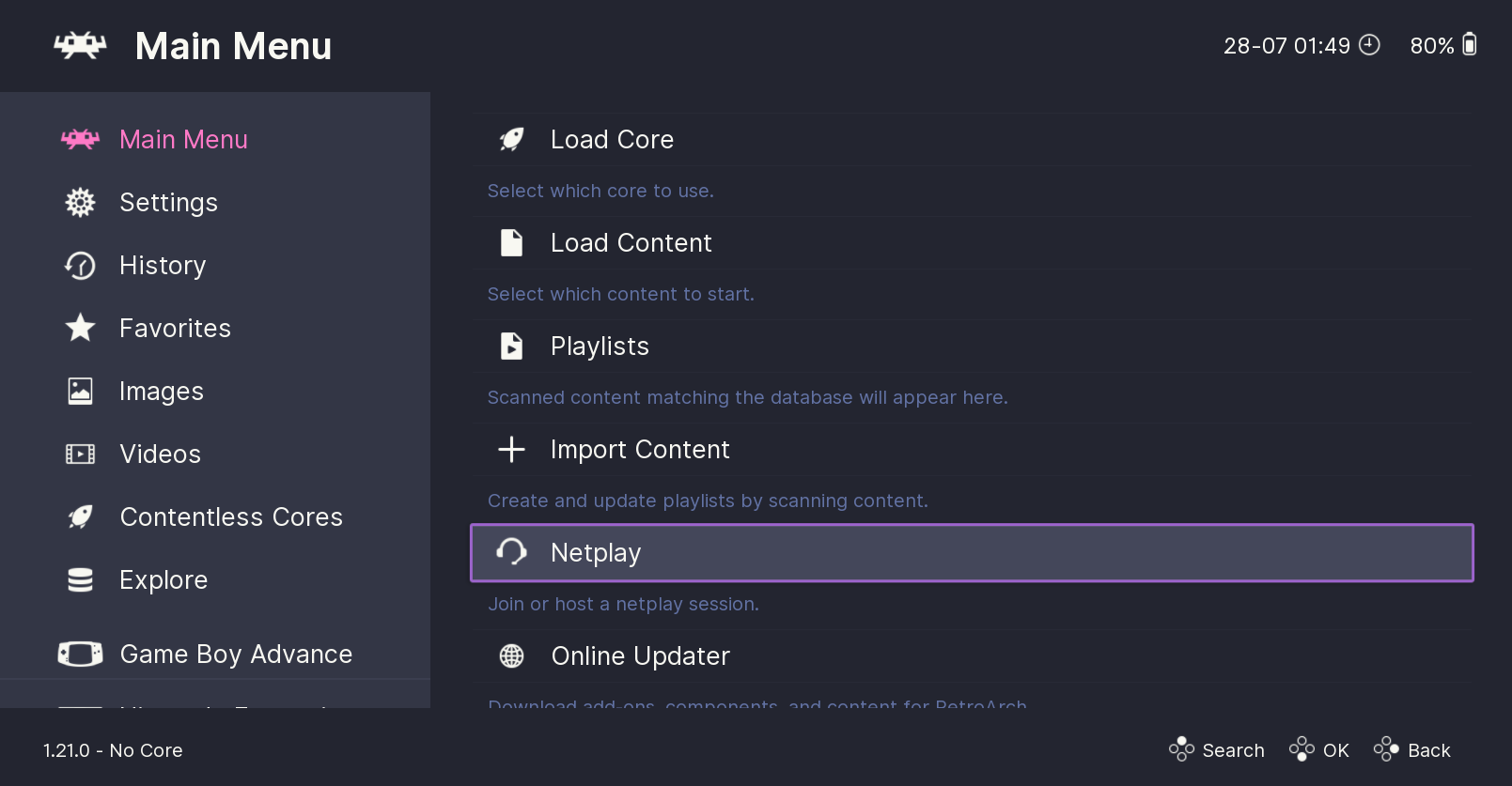 RetroArch main menu with several options like Load Core, Load Content, and more available