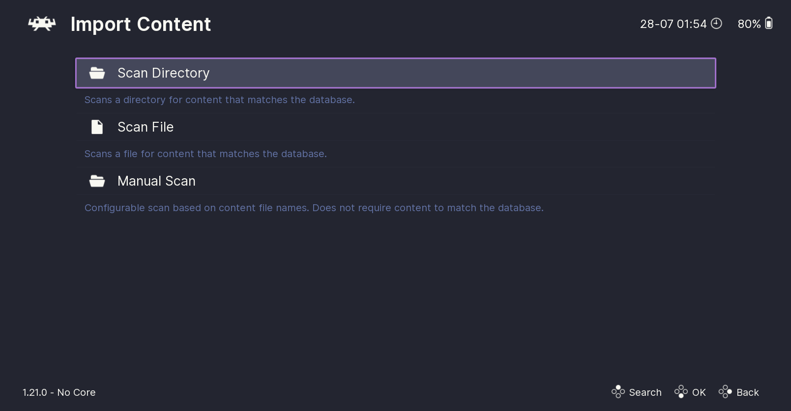 RetroArch open with options to import content from a directory, manual scan, or a file