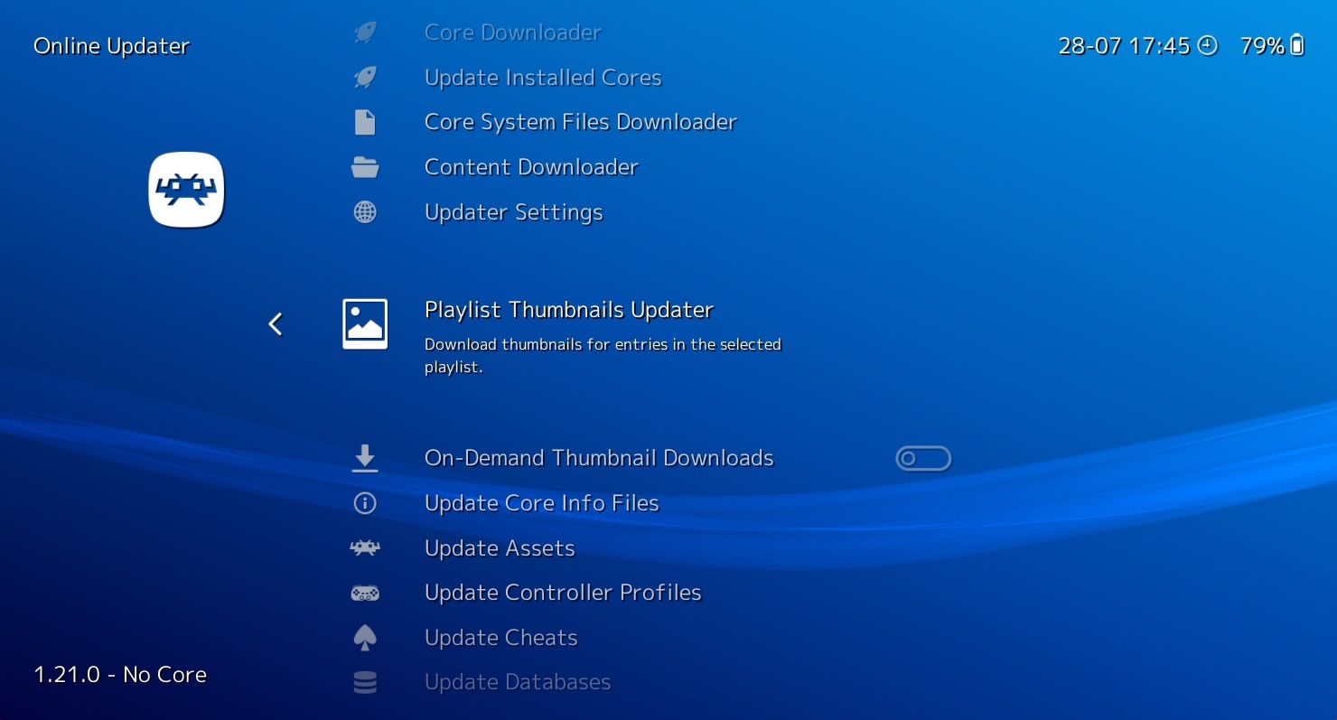 RetroArch Online Updater menu with the option to download thumbnails for games