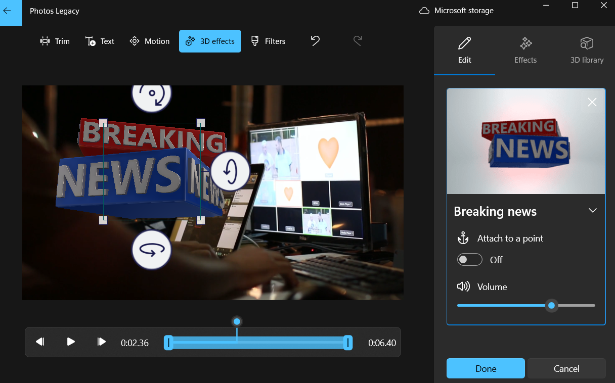 3D effects menu in Windows Photos Legacy app video editor