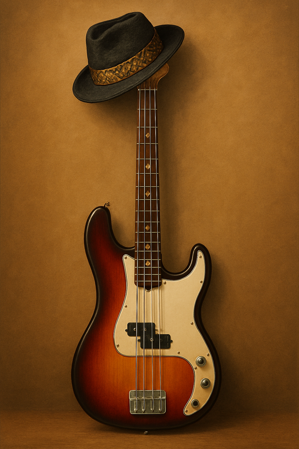 a bass guitar topped with a stylish black fedora resting on its neck.