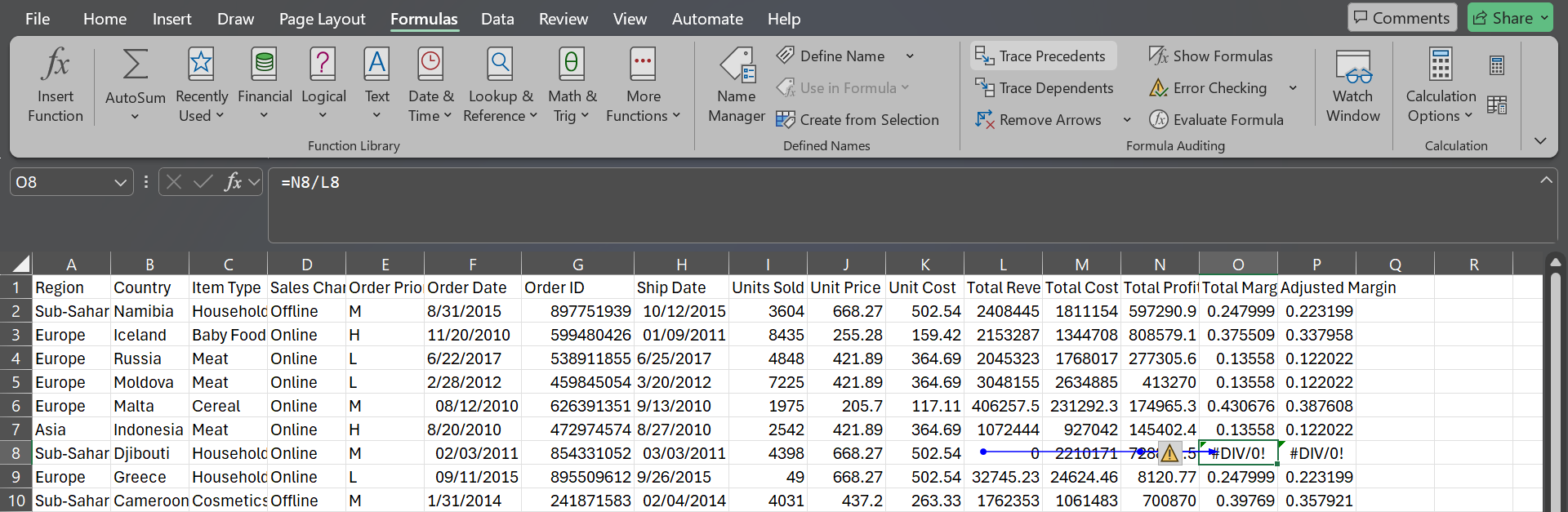 A blue Trace Precedents arrow on a Microsoft Excel spreadsheet