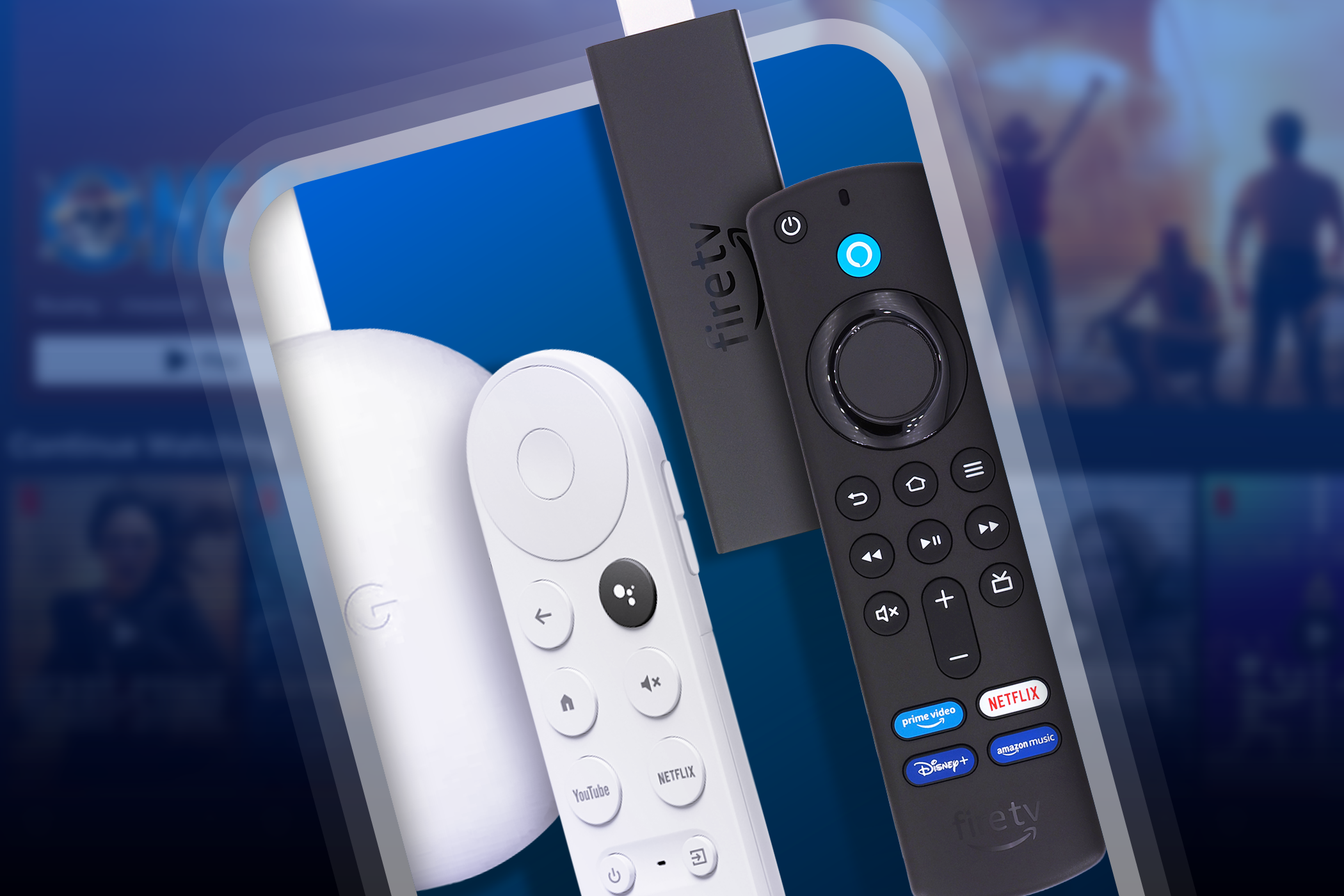 A Chromecast with Google TV and a Fire TV Stick 4K, placed in front of a blurred streaming service homepage.