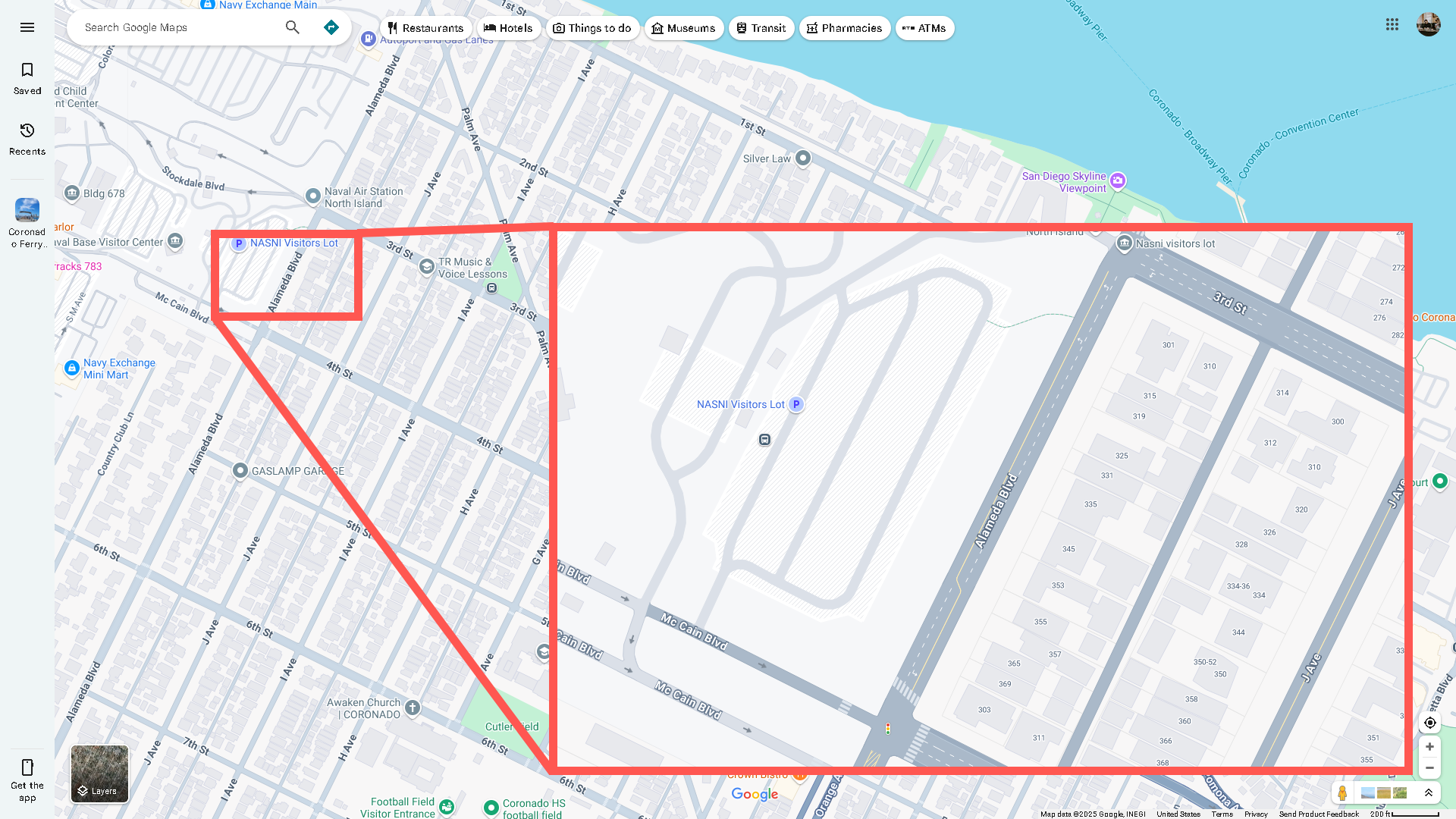 A close-up of Alameda Boulevard in Coronado, California on Google Maps