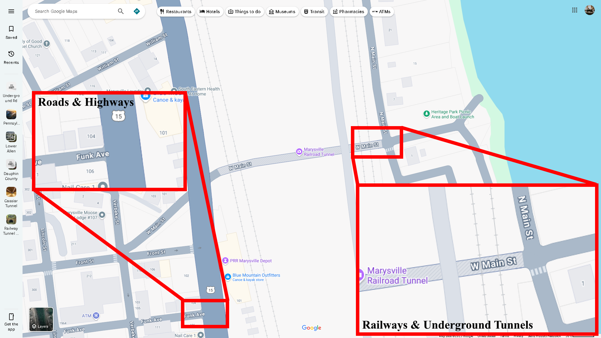 A close-up of roads, highways, railways, and underground tunnels in Google Maps