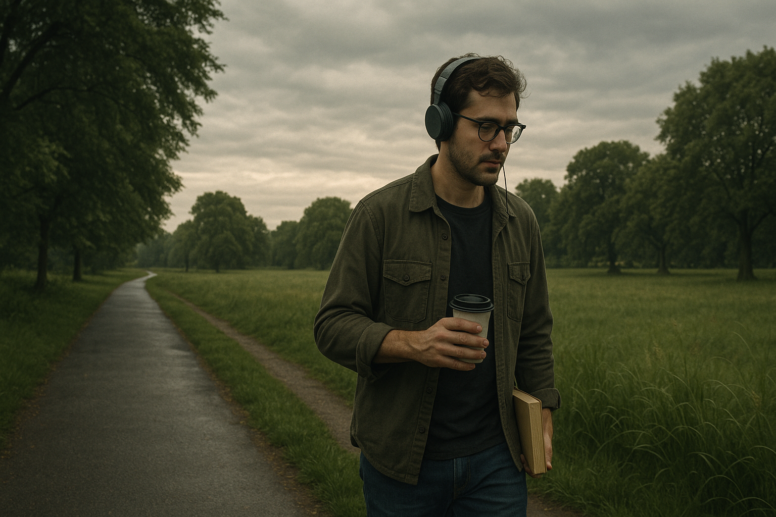 A contemplative man walks alone down a quiet park path on an overcast afternoon, holding coffee and a book.