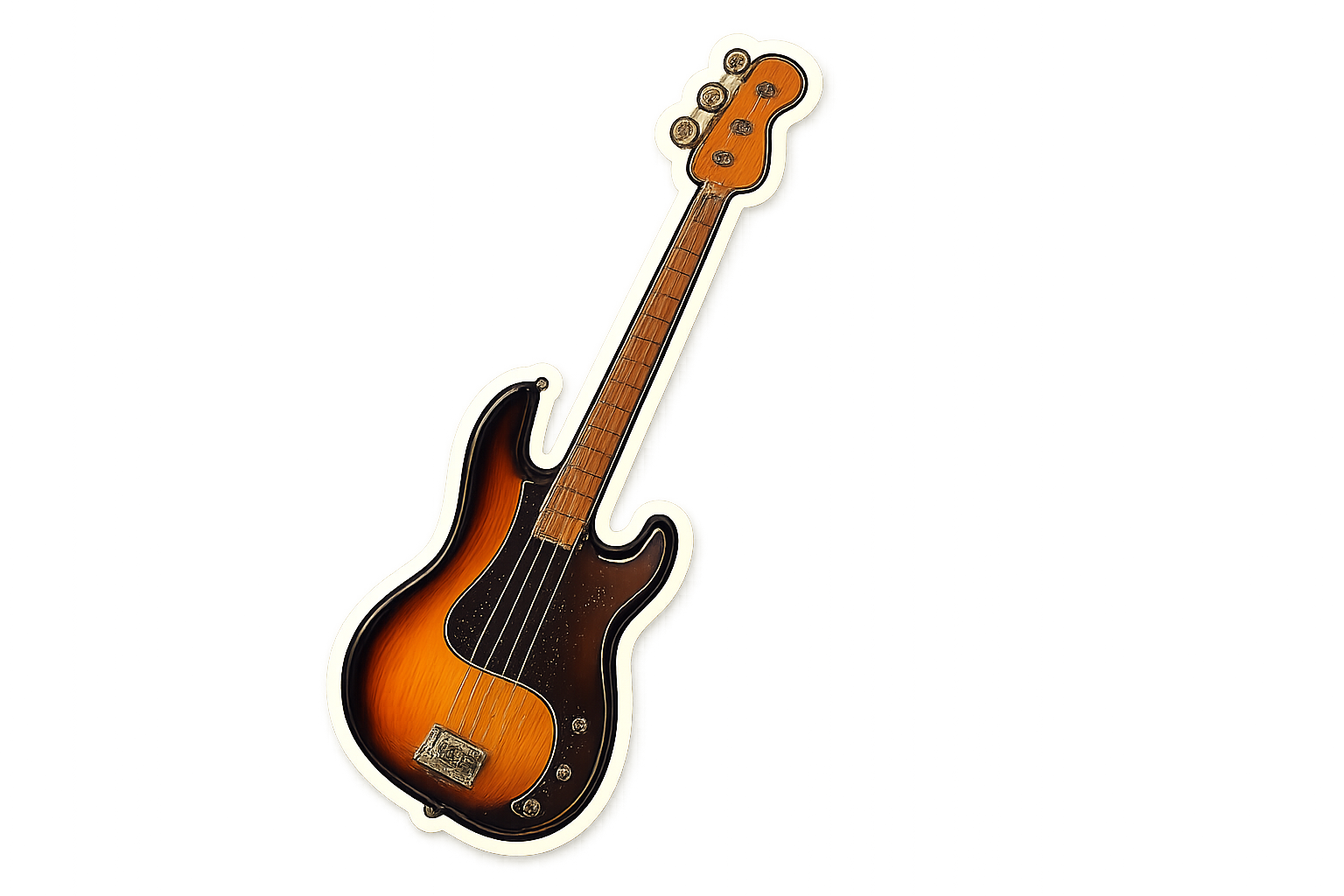A die-cut sticker design of a sunburst electric bass guitar with bold outlines.