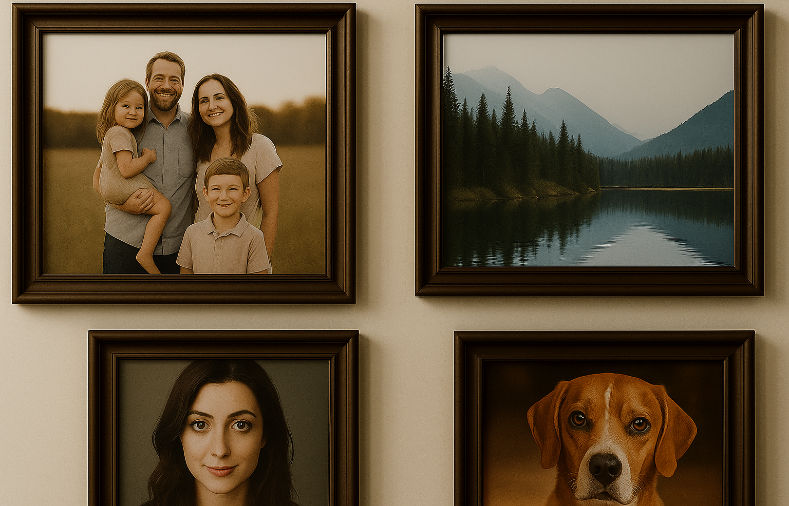 A wall with four wooden picture frames.