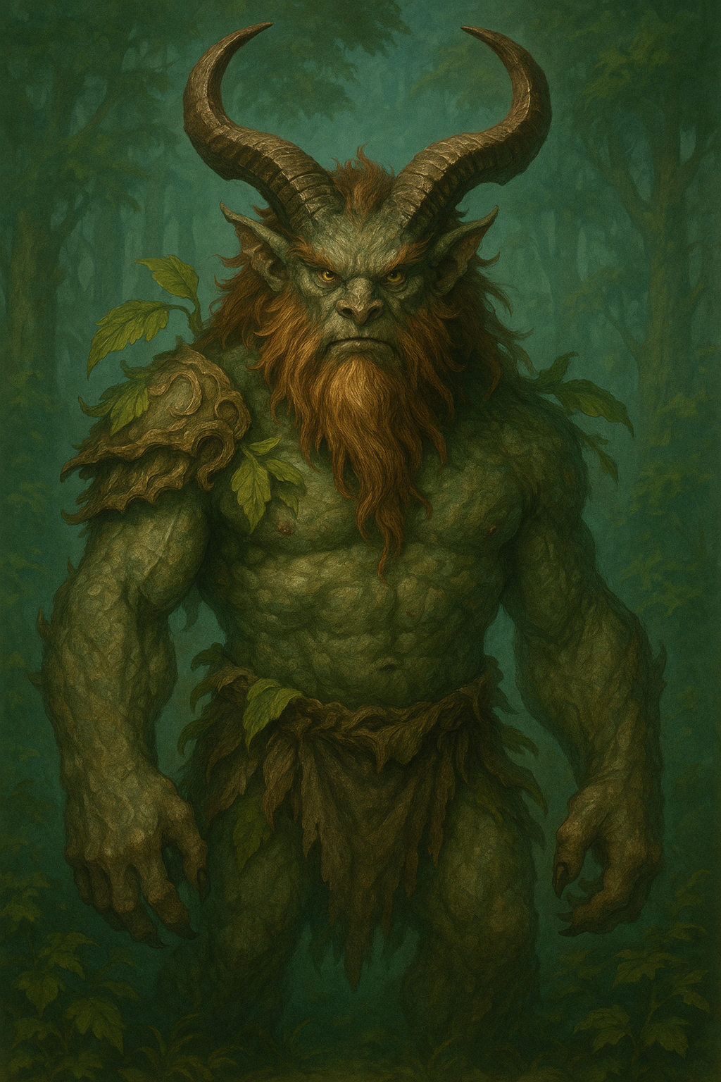 A horned, moss-covered forest guardian in a misty woodland for a card game.