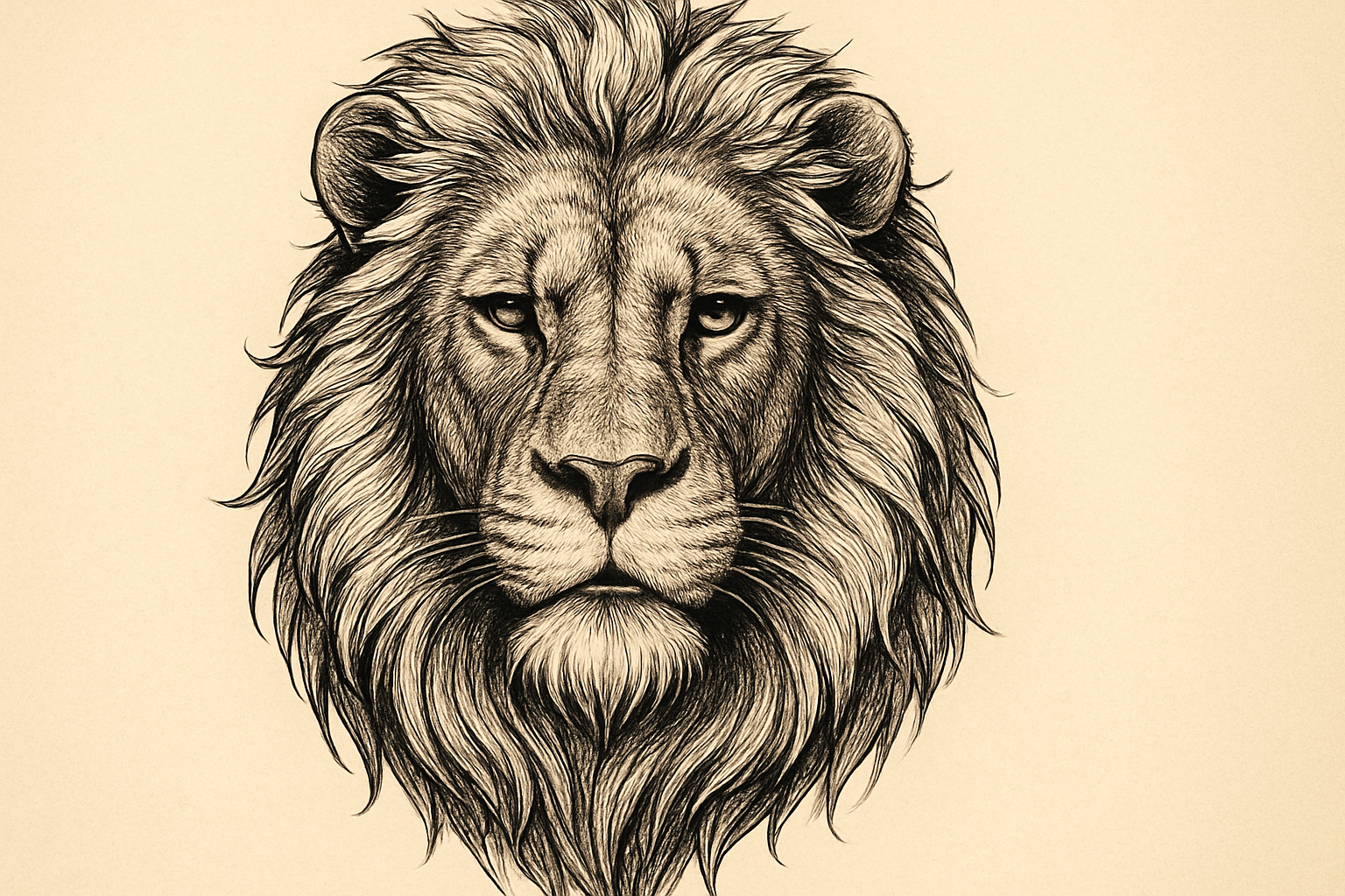 A hyper-realistic black and white ink illustration of a lion’s head.