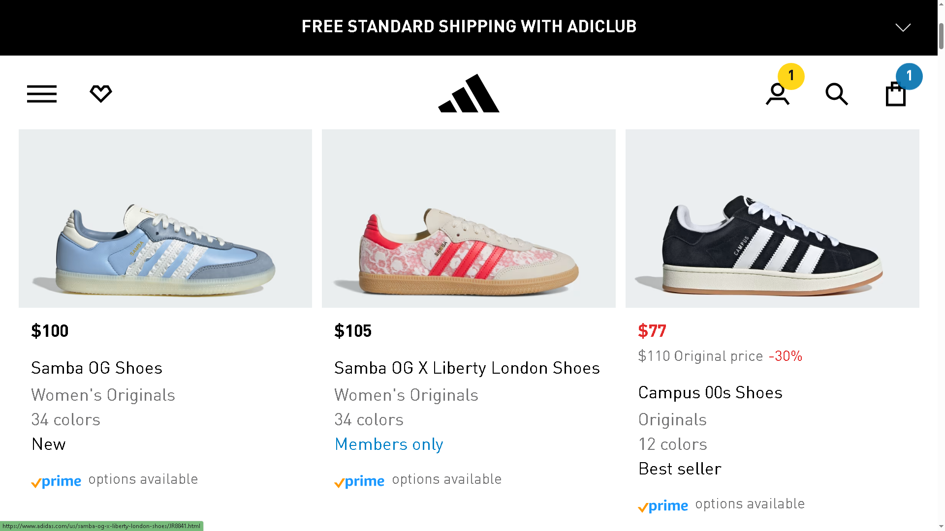 A row of women's Adidas sneakers, with the Prime logo appearing underneath