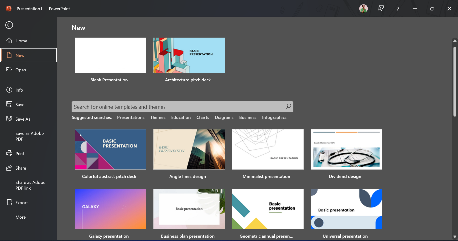 A screenshot displaying some presentation templates in PowerPoint on a desktop