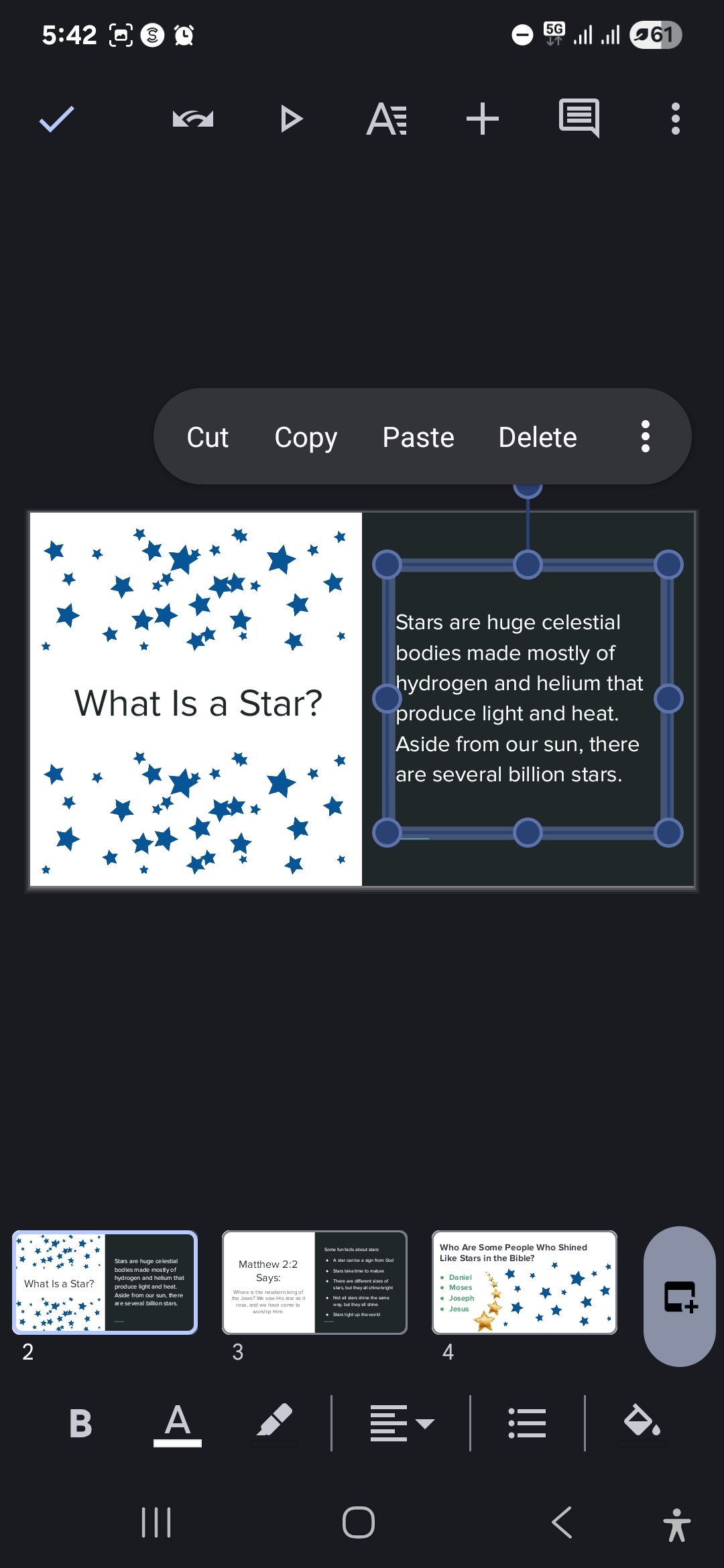 A screenshot showing a slide being edited in Google Slides on a mobile device