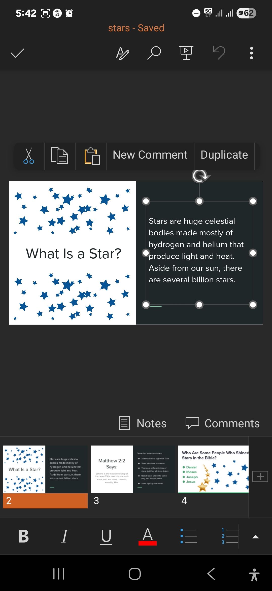 A screenshot showing a slide being edited in PowerPoint on a mobile device