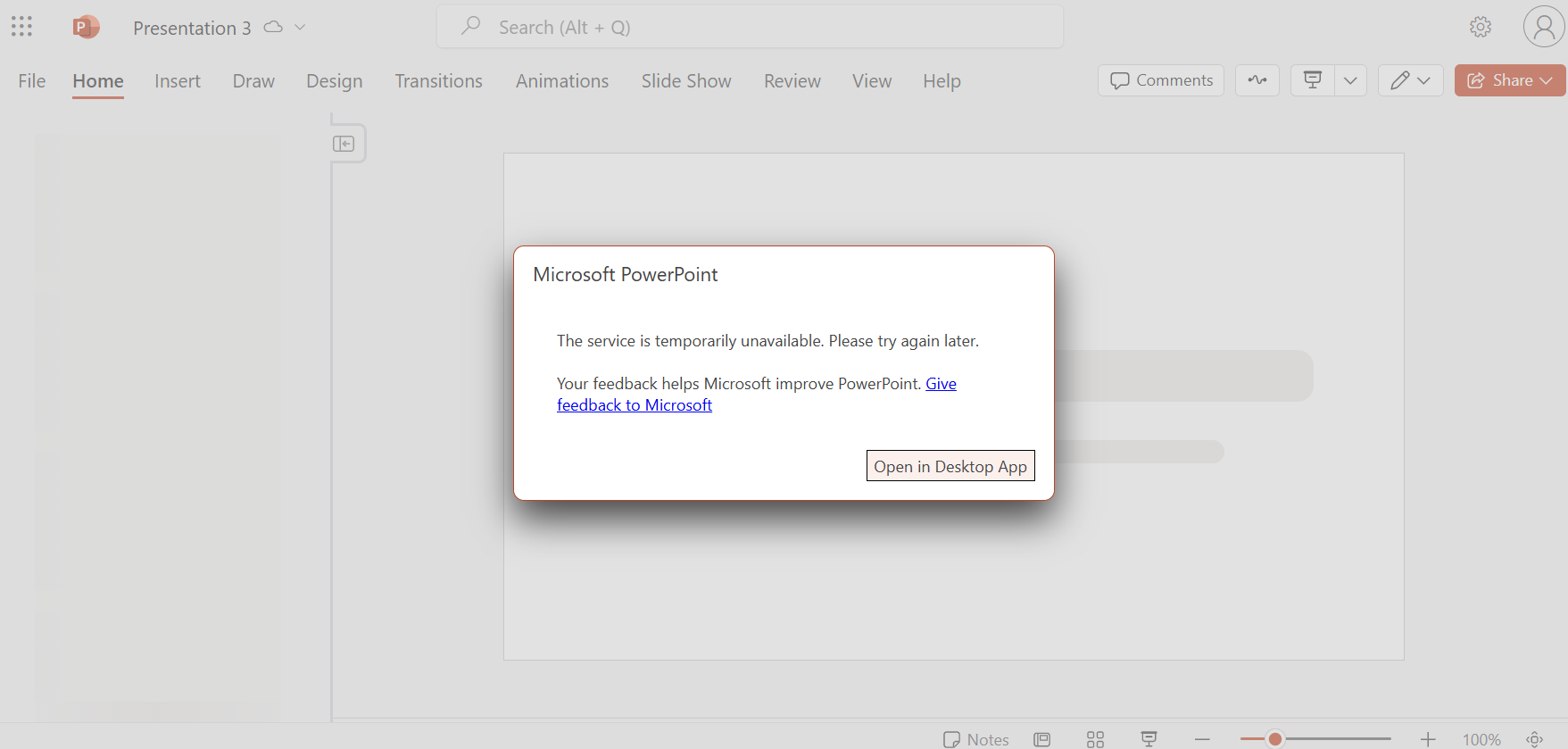 A screenshot showing an error message in PowerPoint Online after I tried launching a template