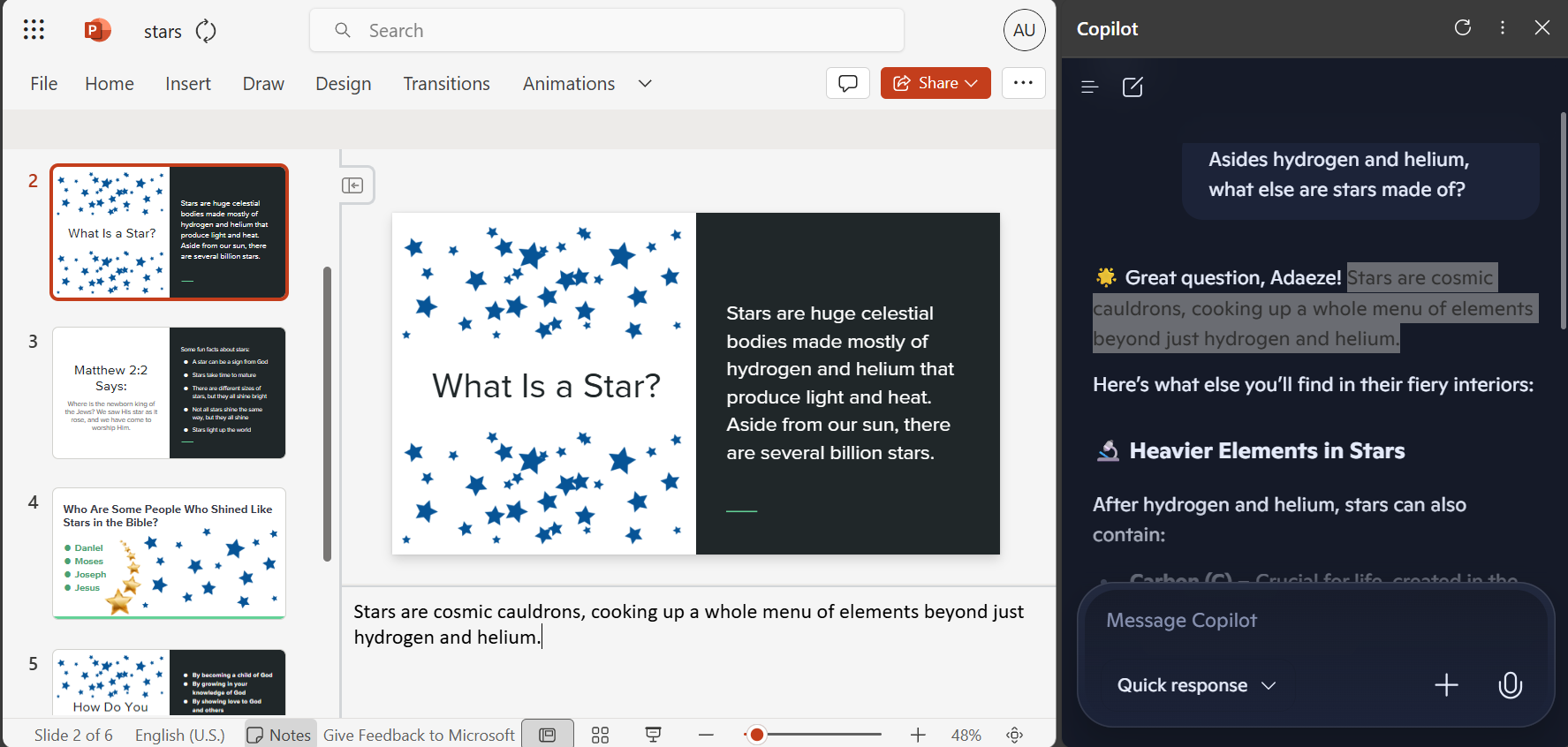 A screenshot showing Copilot docked beside a PowerPoint Presentation being edited in PowerPoint online