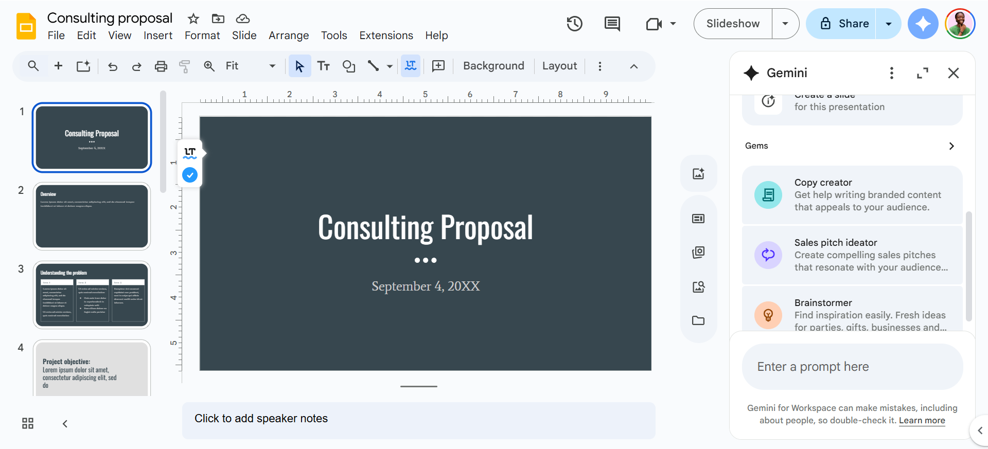 A screenshot showing Gemini displayed to the right of a Google Slides Presentation on a web browser