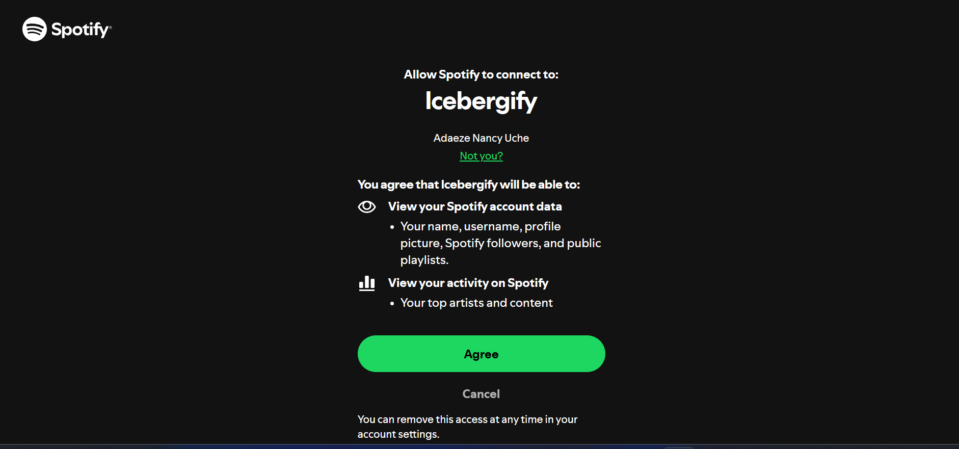 A screenshot showing Icebergify's Spotify Connection Request-1