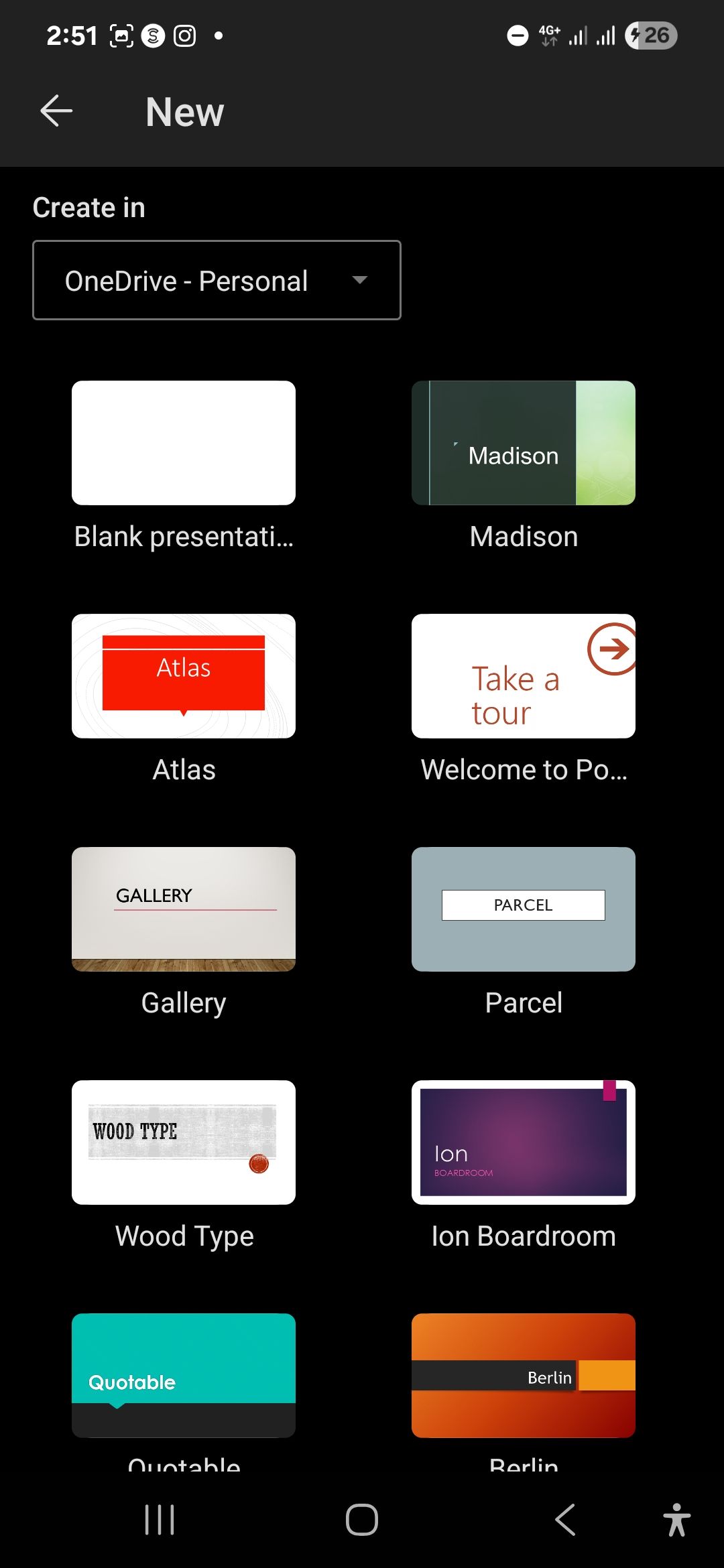 A screenshot showing themes in PowerPoint on a mobile device