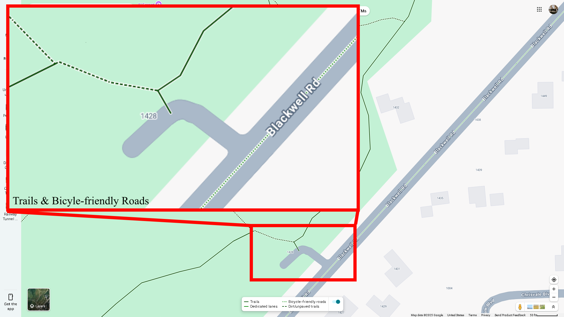 A series of trails and bicycle-friendly roads on Google Maps