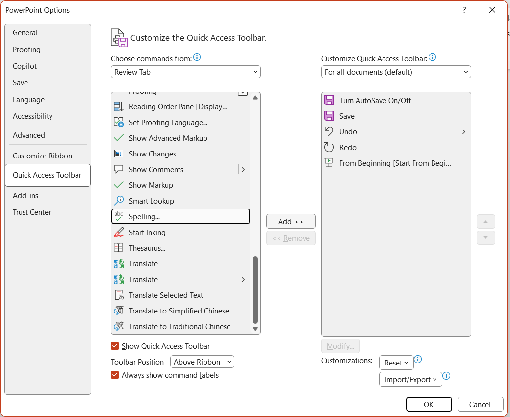 Tweaking the Quick Access Toolbar in PowerPoint.