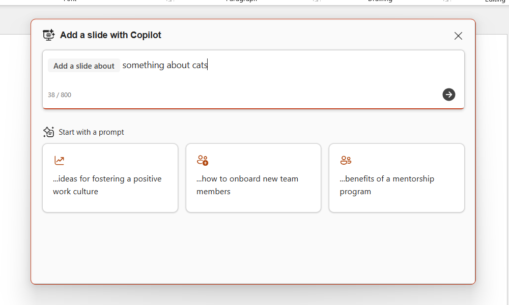 The dialog box for prompting Copilot to add a slide in PowerPoint.